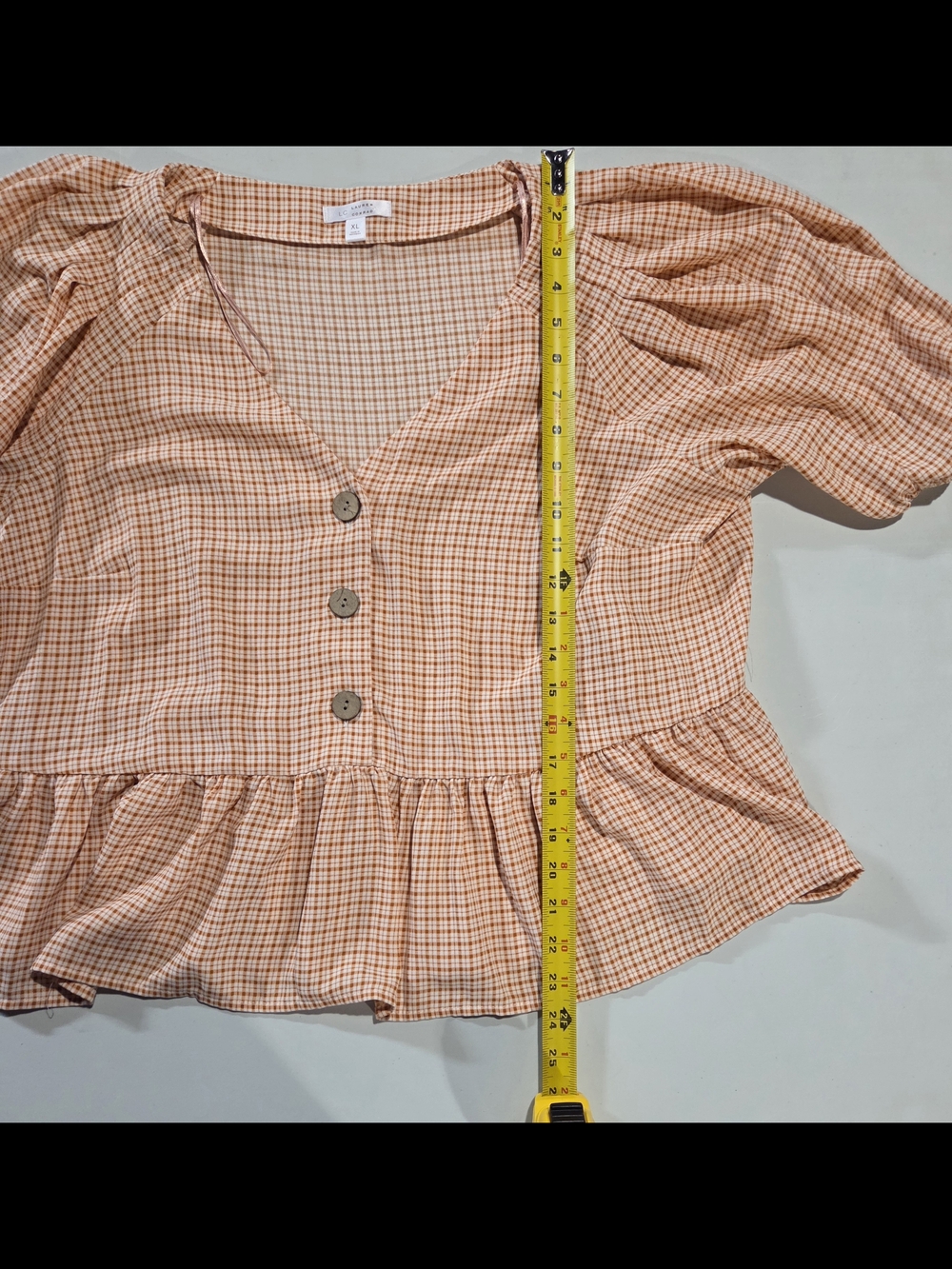 LC Lauren Conrad Peach Plaid V-Neck Peplum Blouse - Picture 7 of 8